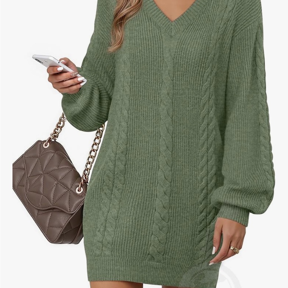 V-Neck Cable Knit Sweater Dress - Green